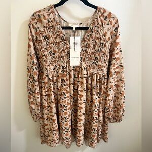 Promesa Beige Floral Smocked V Neck Bubble Sleeve Babydoll Dress (Large)